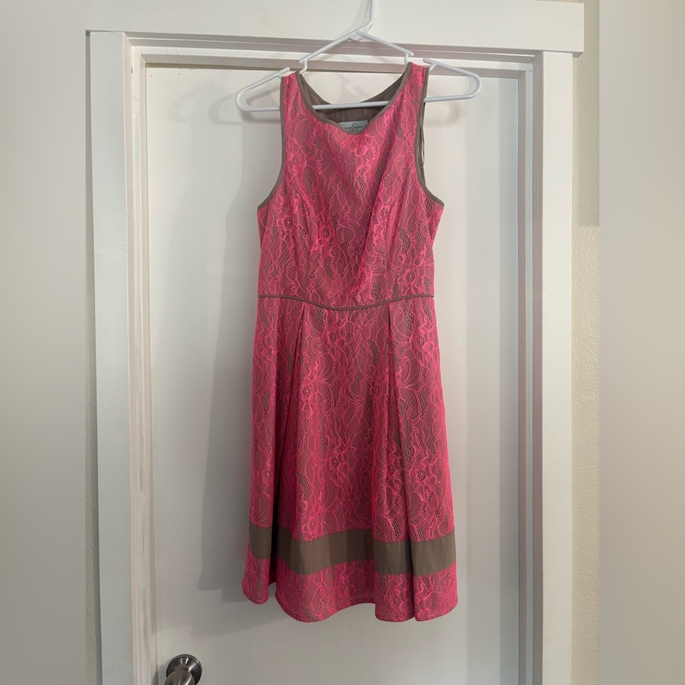 Jessica Simpson Hot Pink Lace Dress with Taupe Trim